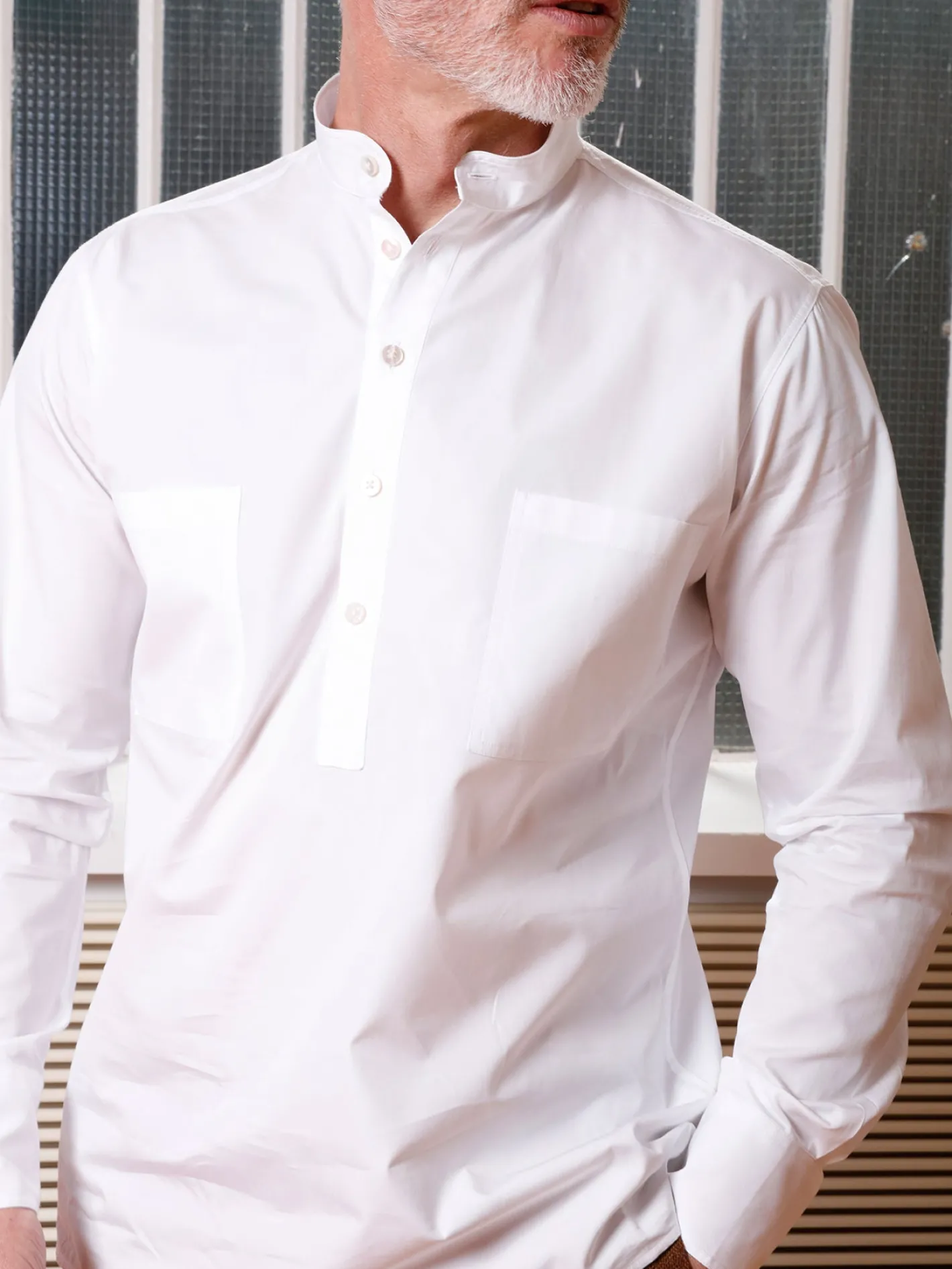 chemise__col_mao_en_popeline_blanche_de_luxe_5.webp hollington Chemises*chemise à col mao en popeline blanche de luxe