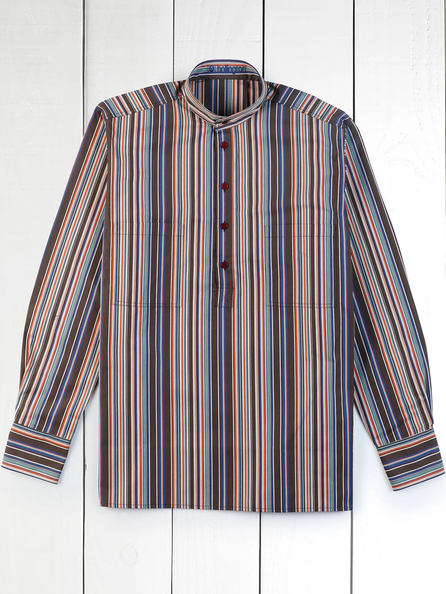 hollington Chemises*chemise à col nehru en toile de coton à rayures bordeaux