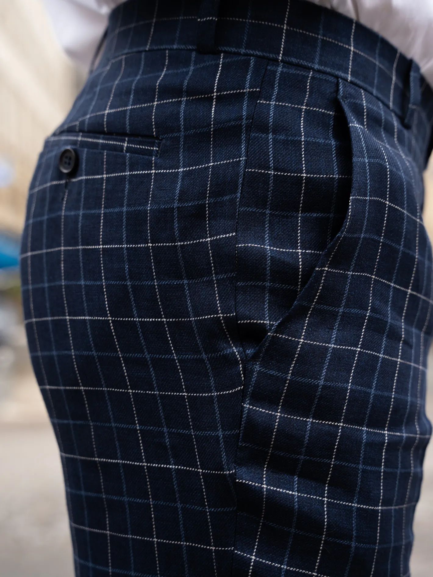 hollington Pantalons*pantalon italien siza en toile de lin à carreaux British blue and chalk