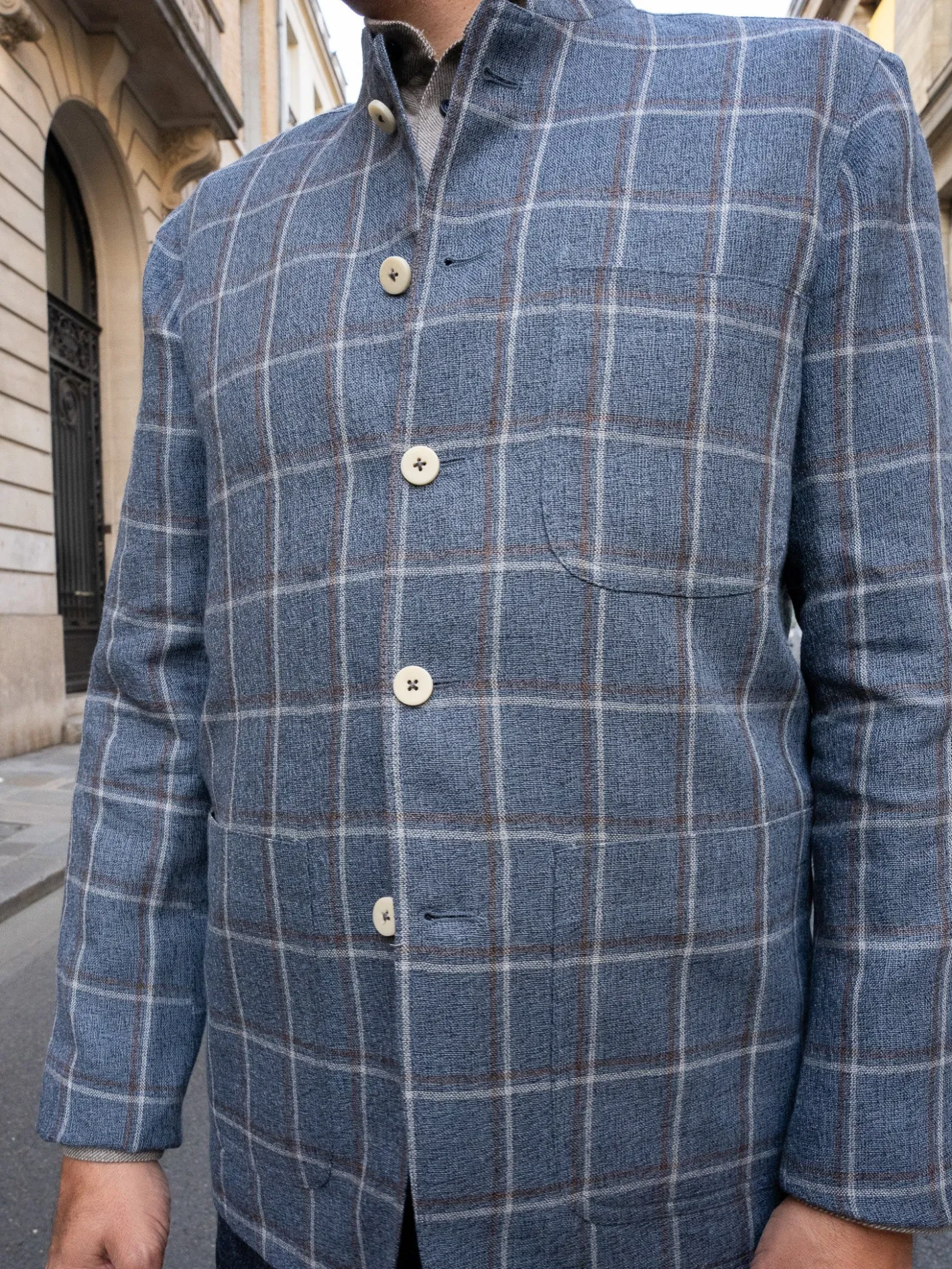 hollington Vestes & Manteaux*veste savoie ajustée à col nehru en toile de laine et lin preppy check