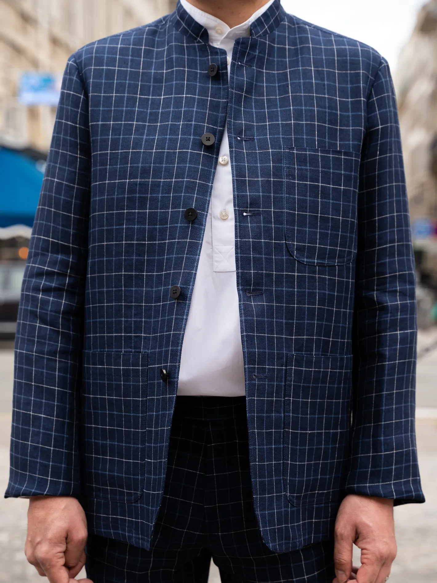 hollington Vestes & Manteaux*veste tyrol ajustée en toile de lin et laine à carreaux British blue and chalk